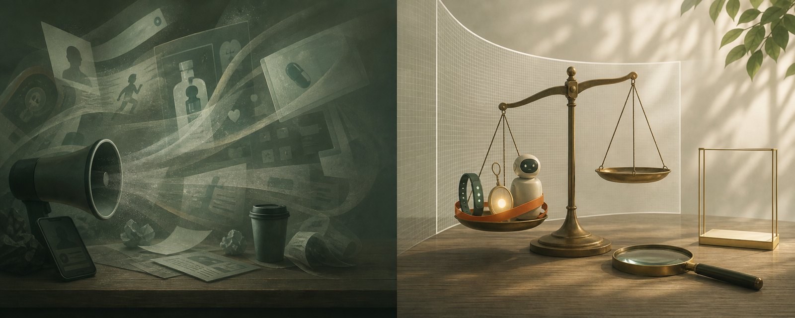 Glowing health devices weigh down one side of a scale while the other, meant for evidence, sits empty, beside a half-drawn screen of rules.