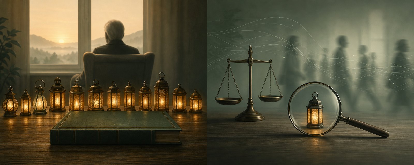 Many glowing lanterns on a table, only one examined under a magnifier and scale, showing AI health rollout outpacing verification.