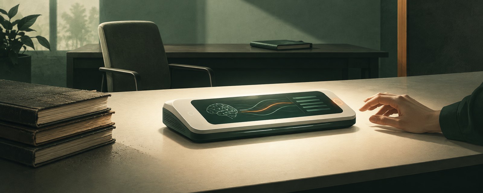 A lit automation console on a desk beside closed, dust-covered notebooks in shadow — visible efficiency shining while quiet knowledge and judgment fade unseen.