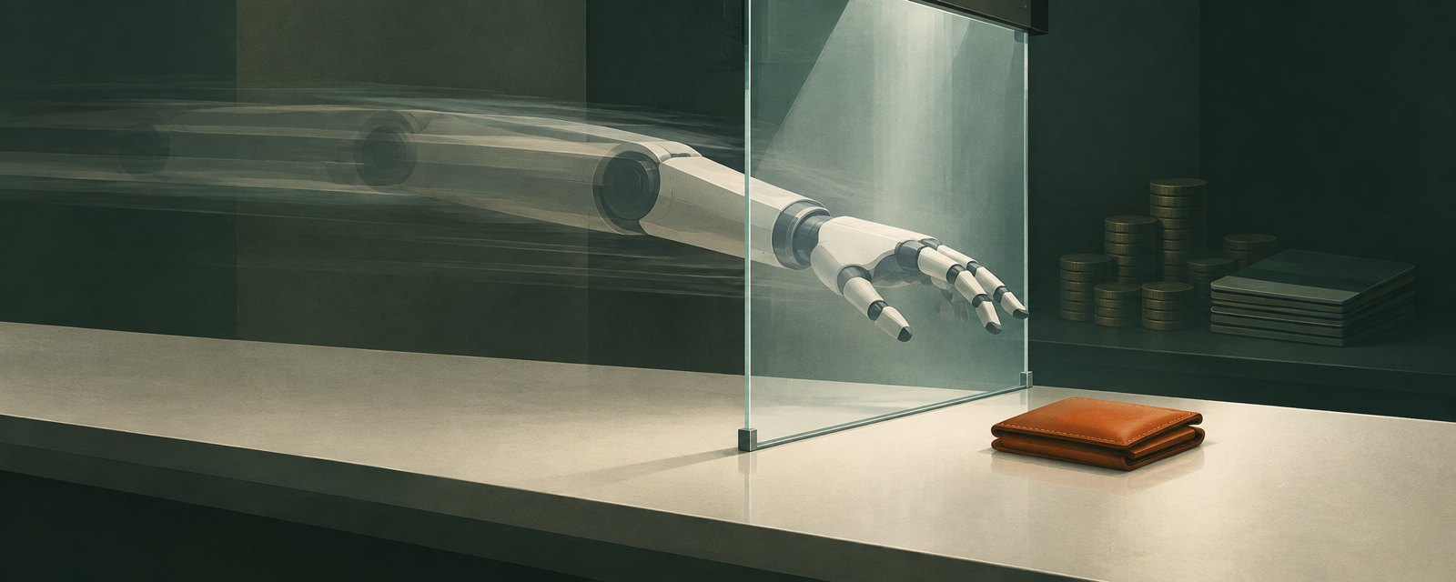 A robotic arm reaches for a wallet on an empty checkout counter, its motion blurred with speed, stopped short by a glass barrier that has slid down.