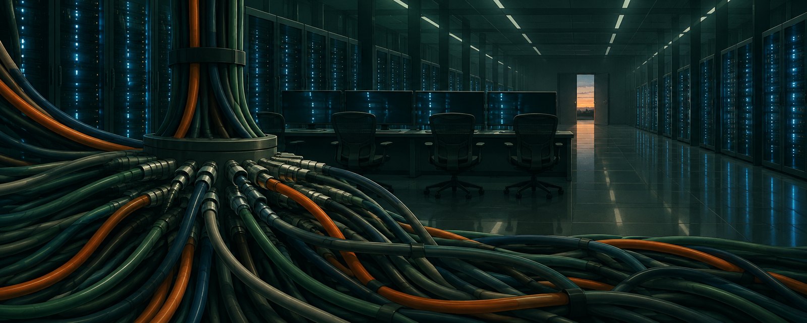 A dim data-center corridor with tangled cables converging at one point and empty operator chairs, evoking rapid AI expansion outpacing oversight.