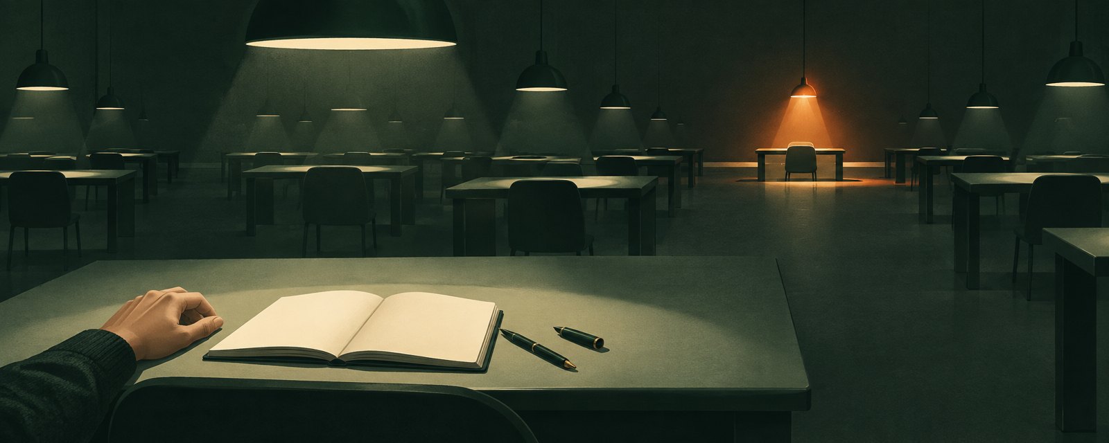 Rows of identical desks in a dim room, each under its own lamp; the pools of light barely touch, and one lamp burns brighter, spilling faintly into its neighbor's shadow.