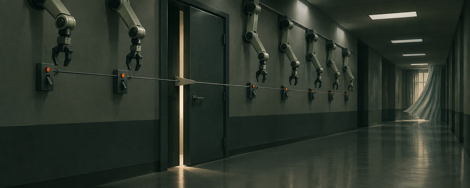 Metaphorical scene: identical mechanical arms switched off individually in a corridor, while an unseen cable linking them keeps a door slightly propped open.
