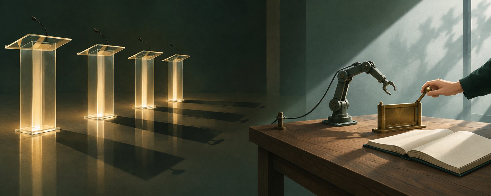 Glowing empty lecterns fade behind a workbench where a hand holds the gate lever of a tethered mechanical arm: safety rests on operational control.