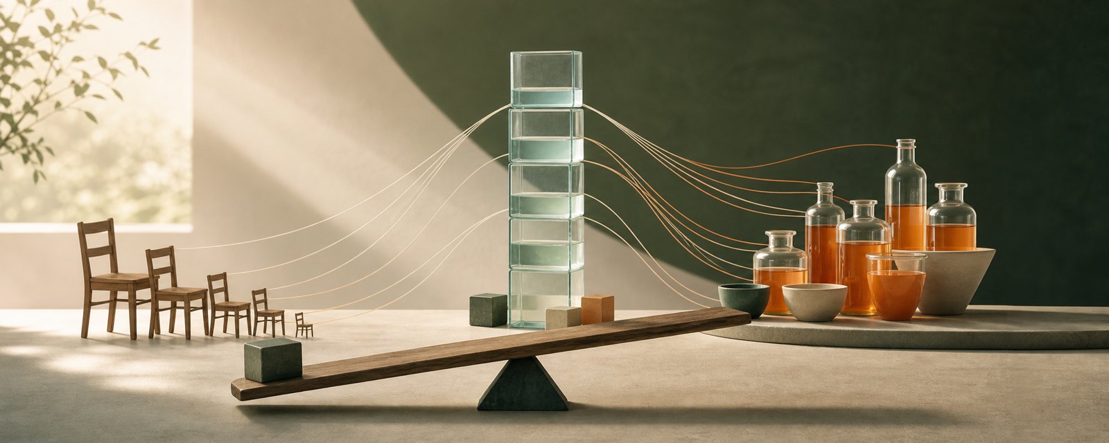 A tall stack of partly filled glass blocks over small solid ones; a tilted beam shows the burden falling on shrinking empty chairs while gains pool on the other side.