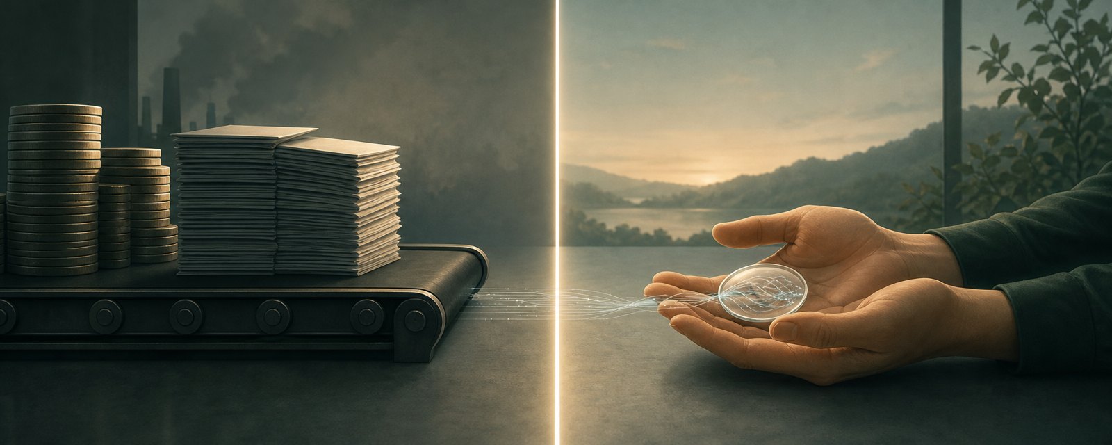 A line of light divides a conveyor of coins and papers from open hands examining a lens, showing the line between delegated and human judgment.