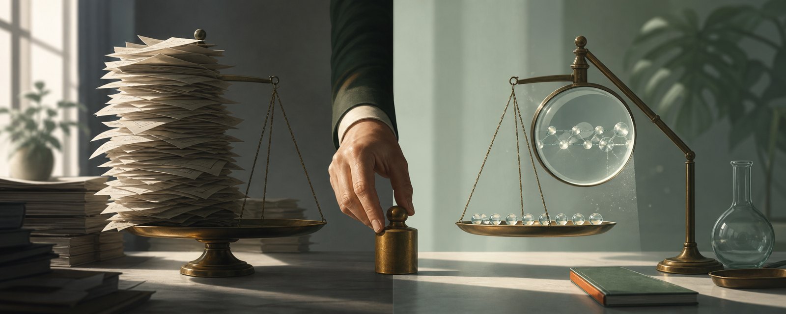 山積みの紙片と少数のガラス玉を載せた二つの秤の間で、人の手が分銅を置こうとする。語られた数と確認できた実態の差を示す。
