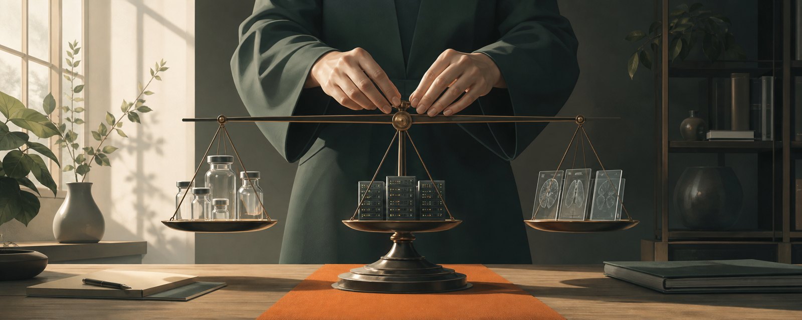 薬瓶・サーバー・画像スライドを載せた三つの天秤を、人の手が中央の支点で調整する図。資金と人の受け止めの一体を表す。