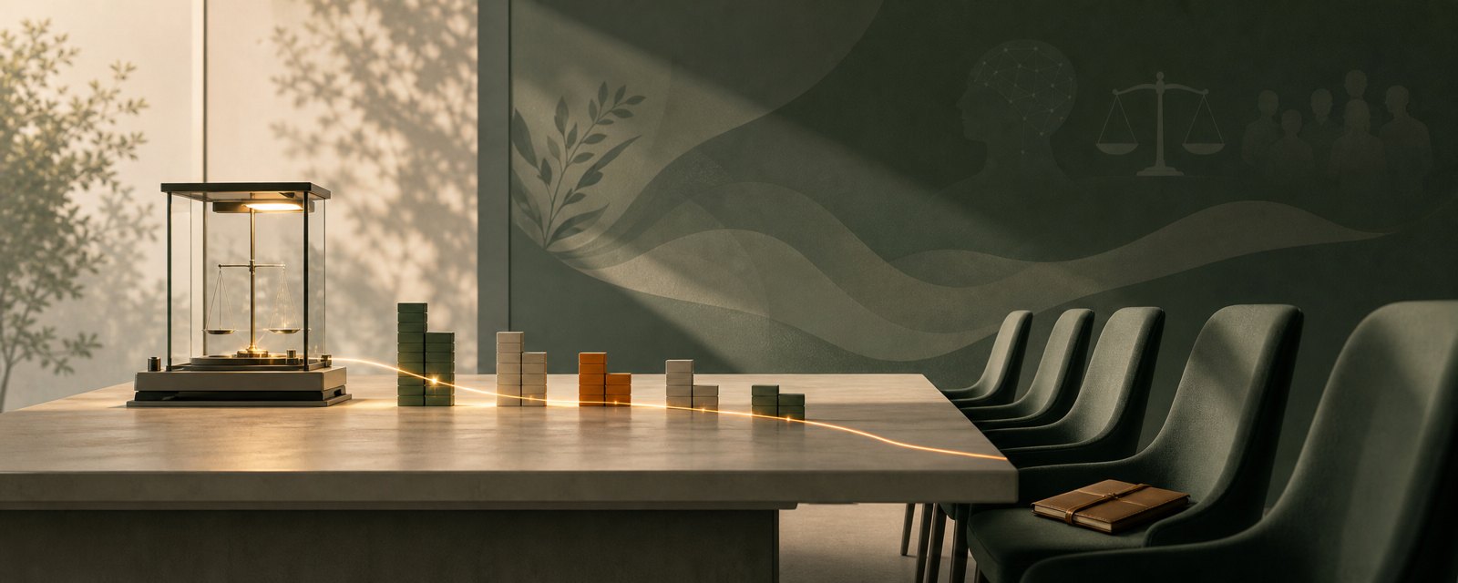 A long quiet table linking a glowing instrument to empty chairs by a thin thread, showing funding and staffing shifting toward human acceptance.