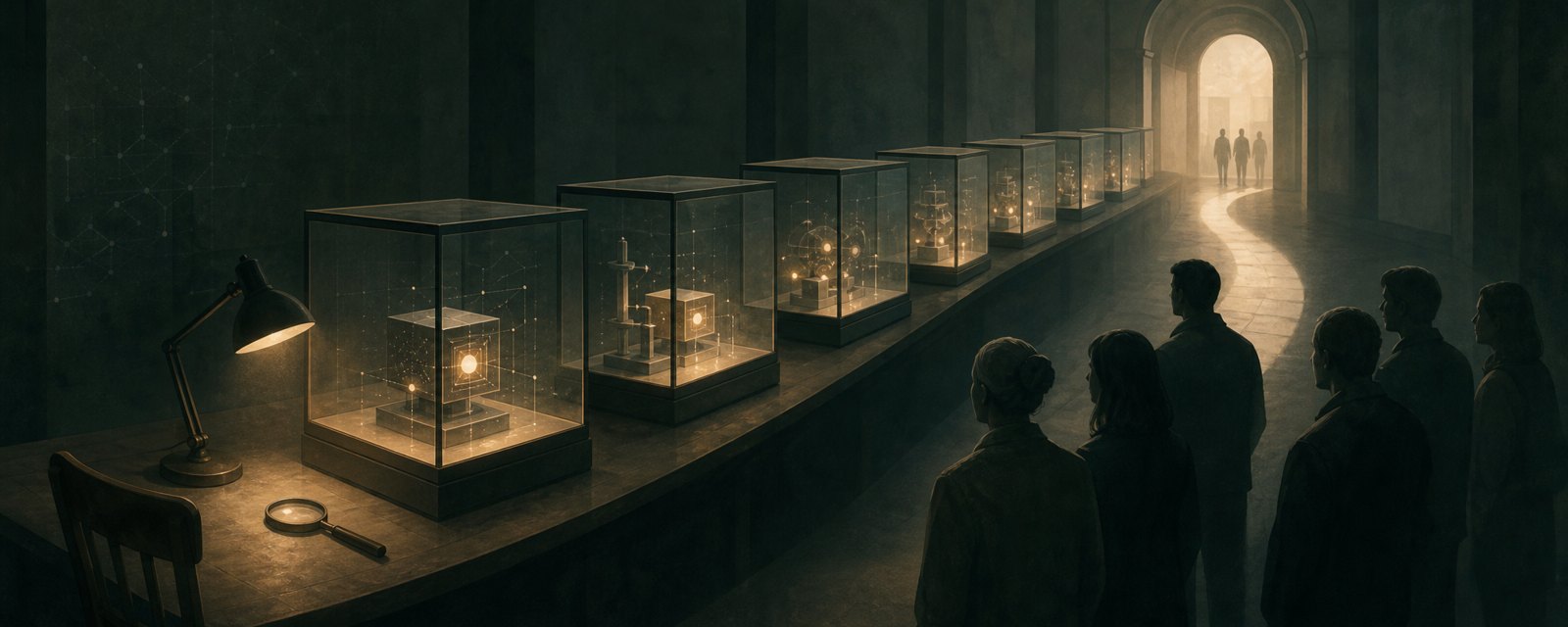 People at the edge of light gaze at sealed cases holding glowing machines, an empty inspector's chair beside them, showing the gap in independent checking.