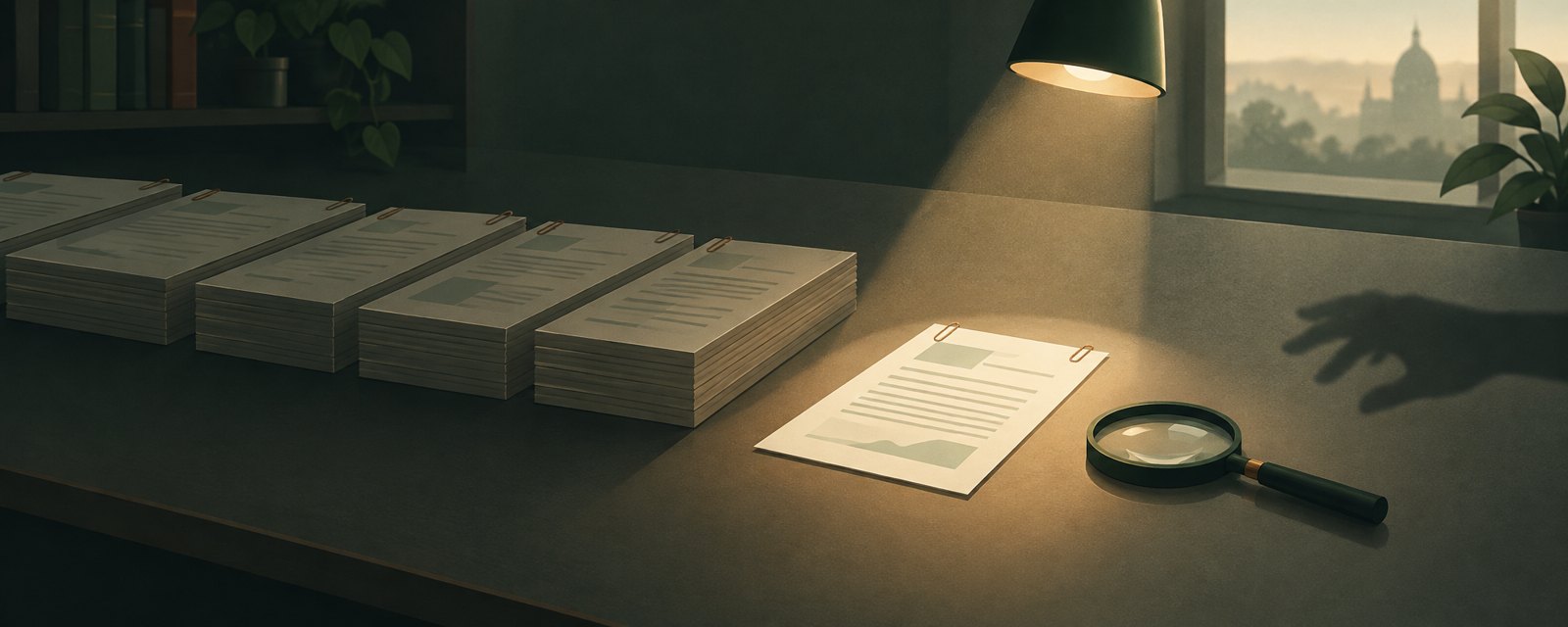 整列した書類の山から一枚だけ引き出され、灯りの下で照合を待つ様子。金額表記の未検証を示す構図。