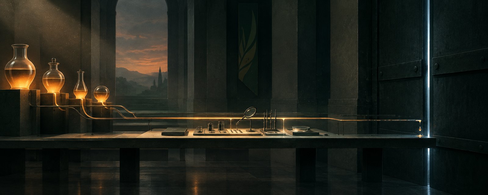 Warm light streams toward an open workbench on the left but pools before a heavy closed gate on the right, showing funding favoring design while manufacturing lags.