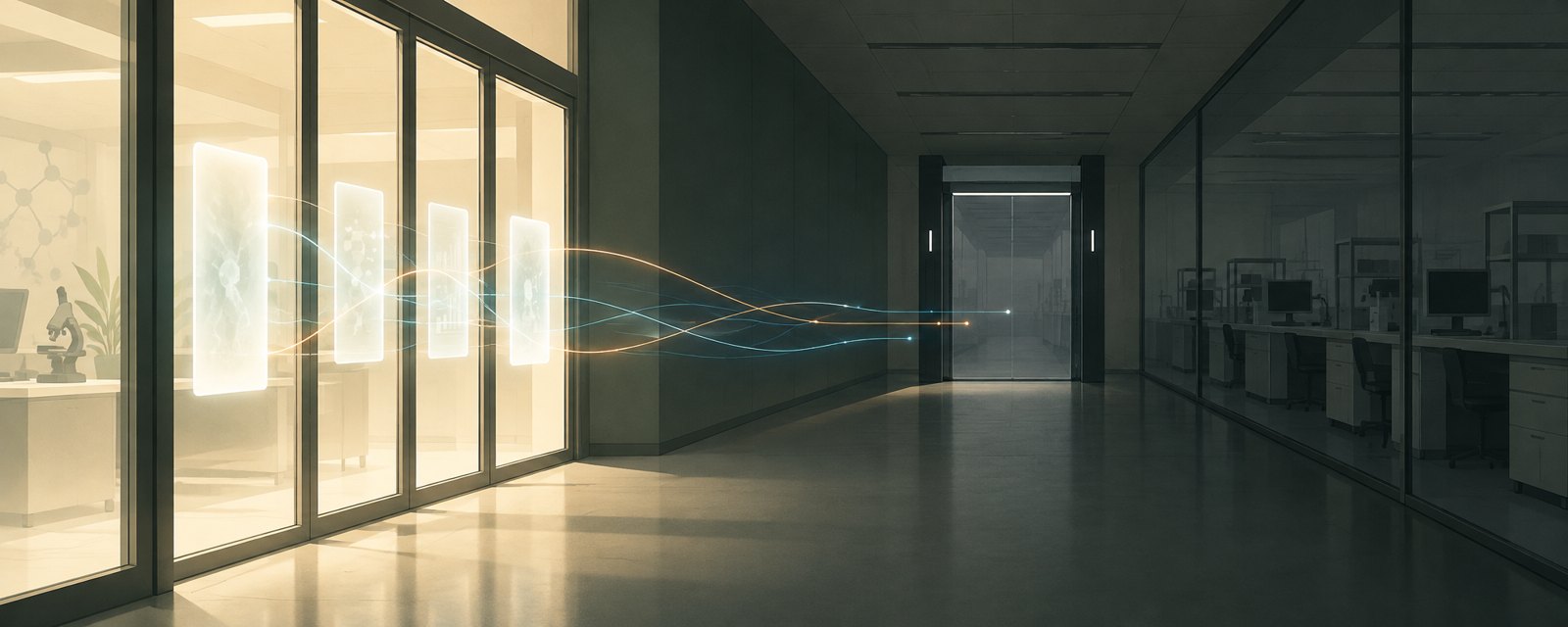 Glowing threads of partnership fill a lab corridor but stop short of a regulatory gate and dark workstations, showing the gap between investment and implementation.
