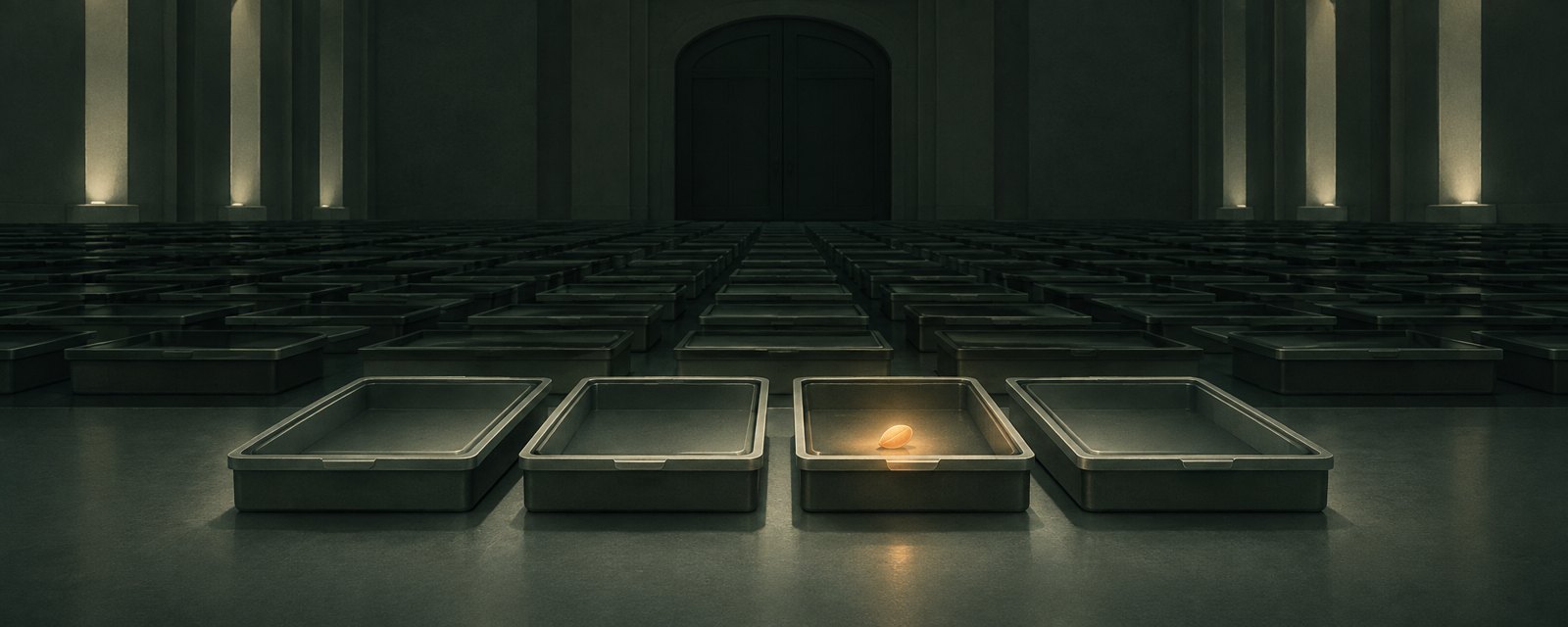 薄暗い保管庫に並ぶ多数の空の棚のうち、4つだけが光を受け、1つに小さな種がある。大型投資の不在を示す。