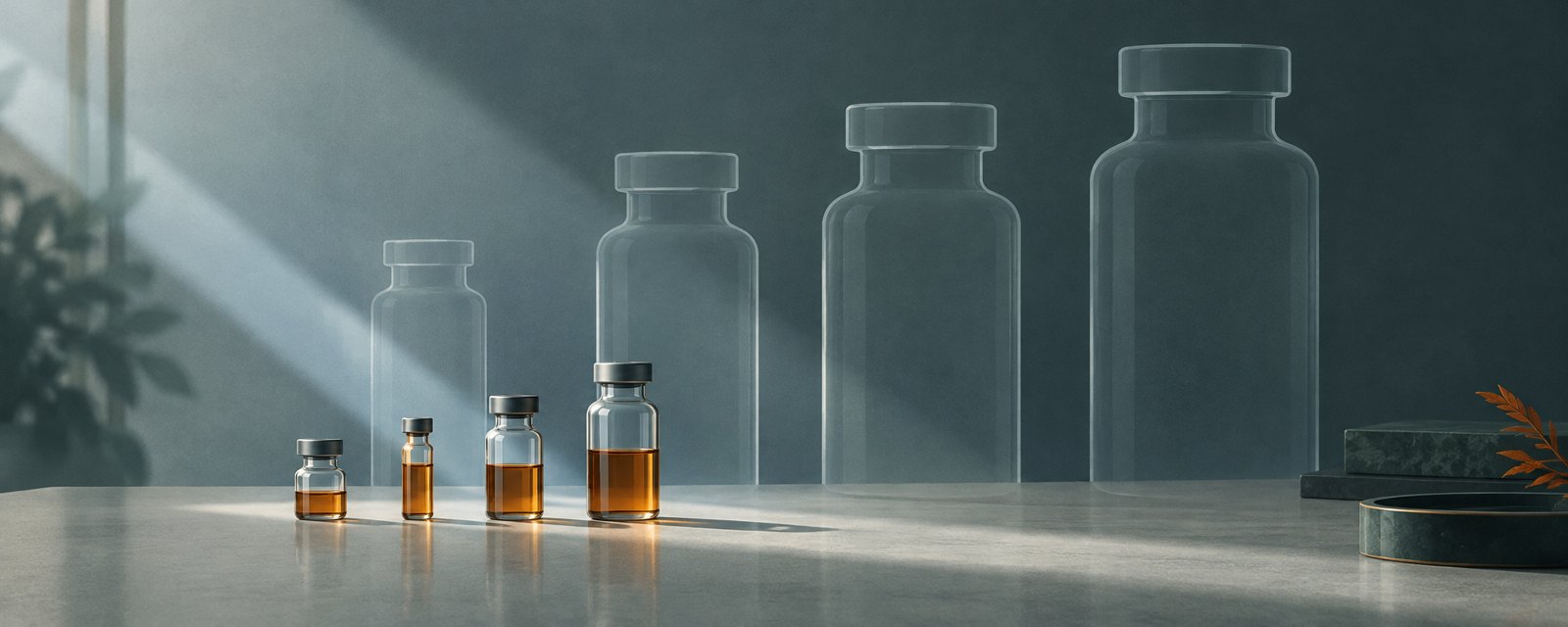 小さく実体のある薬瓶と、その背後に浮かぶ大きな空の輪郭。確定額と、見込み・上限額の差を表す。