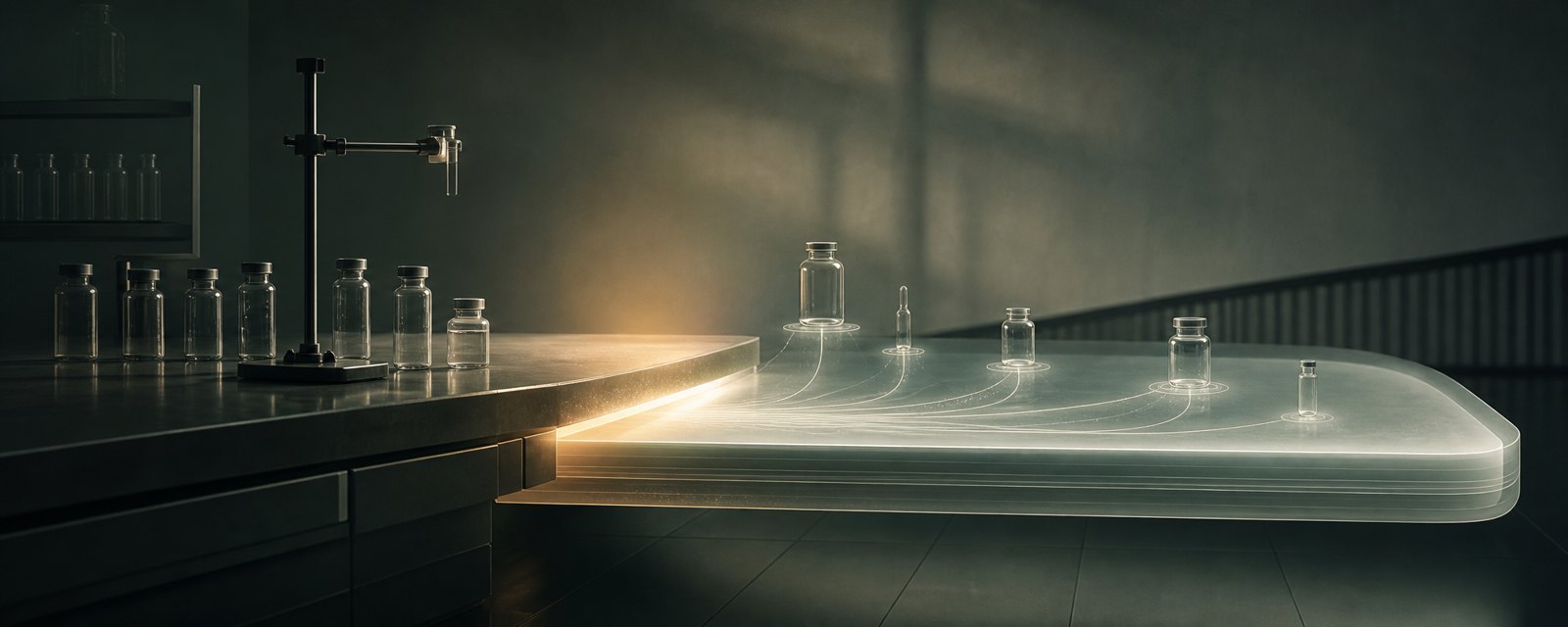 実験台の下へ大きな光る基盤が滑り込み持ち上げる絵。製薬が基盤を持つ技術企業と組む流れを表す。