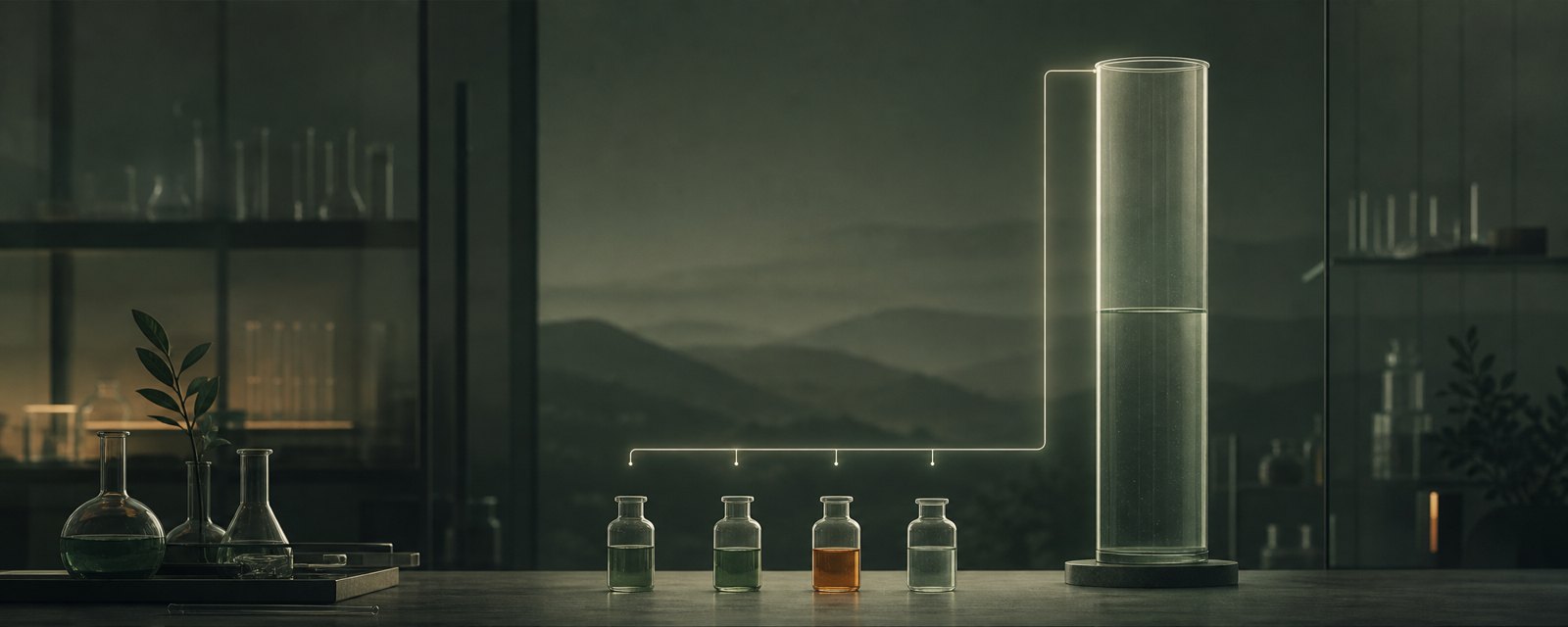 Small vessels of real liquid in front of a tall, half-empty glass column: headline valuations are not the same as money actually raised.