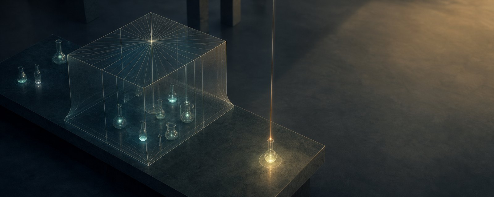 暗い実験室の机で、小さなガラス容器を大きな半透明の骨組みが覆い取り込む。AI基盤への買収と資金集中を表す。