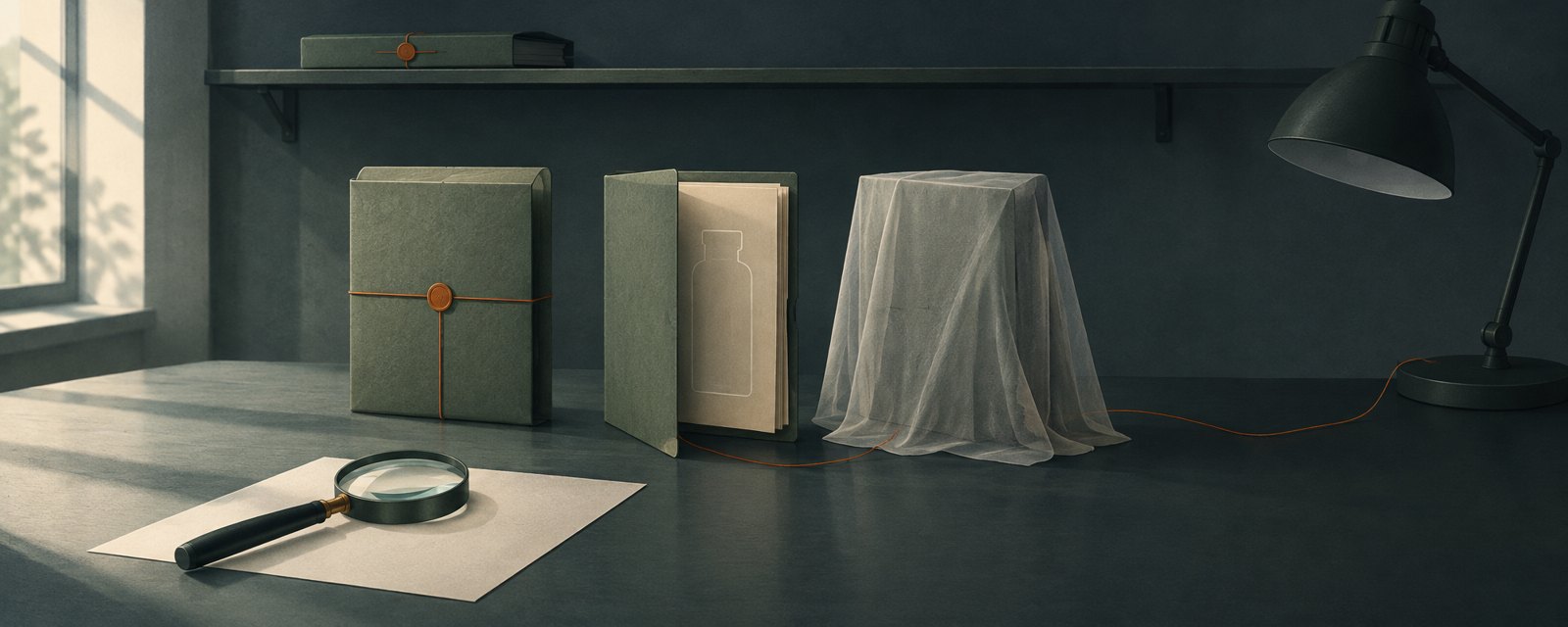 Three folders on a quiet desk, a thread toward an unlit lamp left unconnected: AI as the cause of layoffs remains unconfirmed.