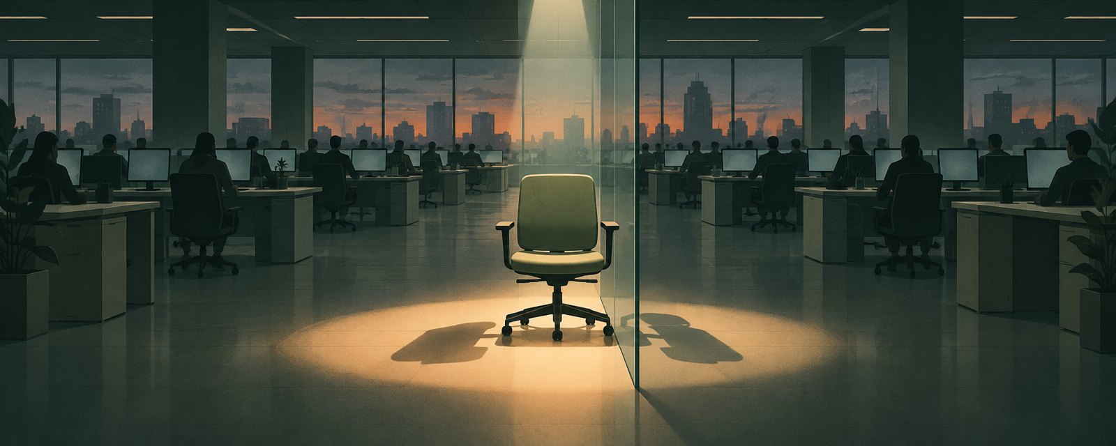 A dusk office where one empty chair is spotlit while the other chairs stay in flat light, separated by glass that casts two different shadows.