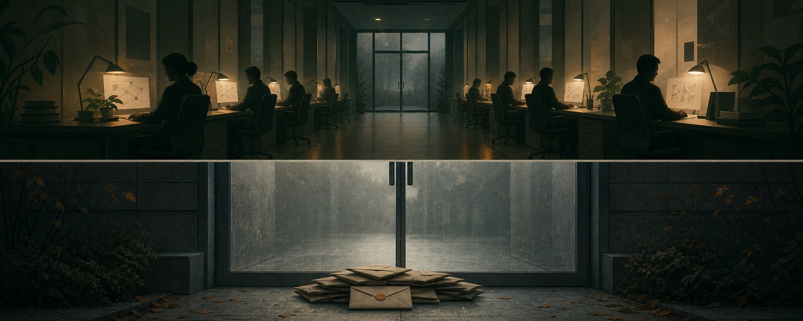 A quiet office with every desk occupied, while the entrance door stays closed with unopened letters piled outside, showing the entry point narrowing before layoffs.