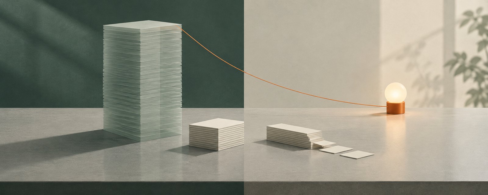 A tall translucent stack of cards beside a small solid one shows forecast versus reality; a missing bottom stair suggests entry-level hiring cuts.