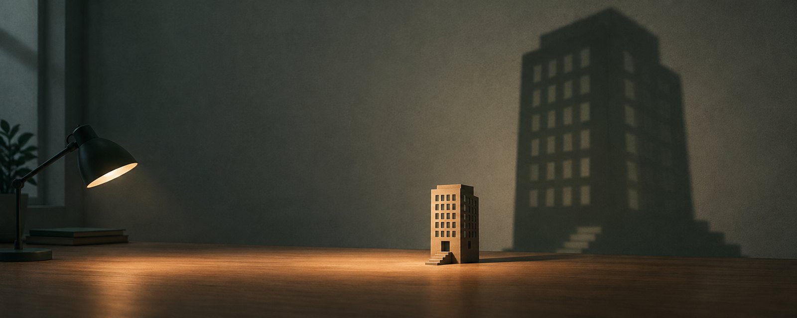 A small cardboard building model casts a huge shadow on a wall, its lowest entry steps missing: forecasts loom larger than actual cuts, and entry-level rungs are lost.