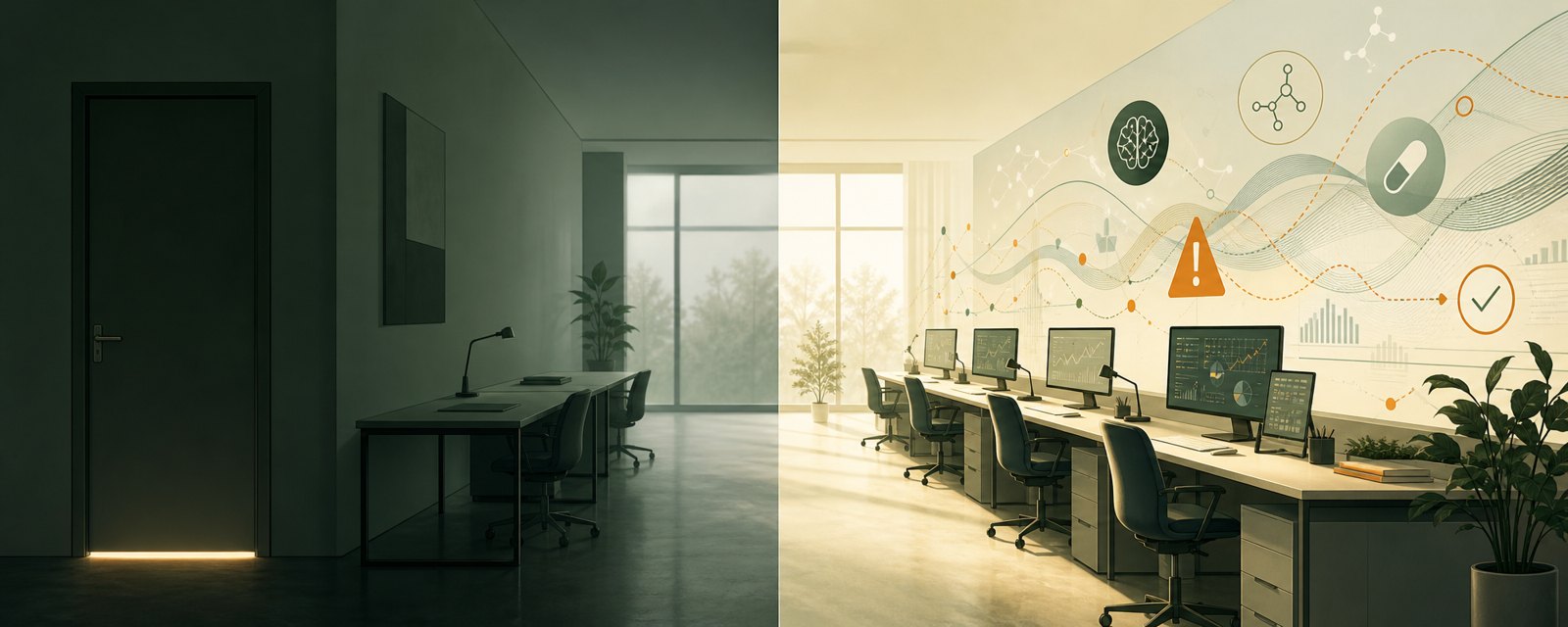 A dawn-lit office where existing desks are occupied while the desks nearest the entrance sit empty, suggesting quiet hiring cutbacks rather than layoffs.