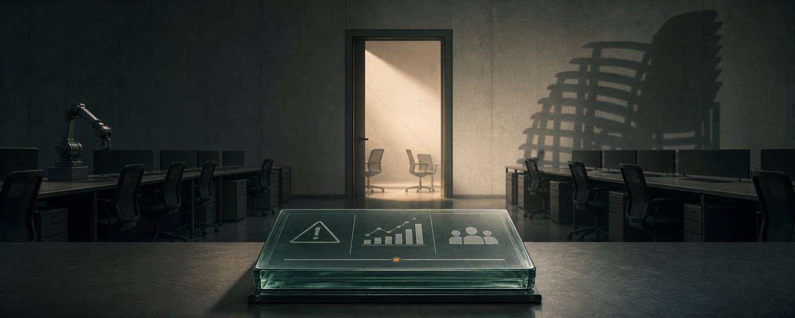 A quiet office with empty chairs near a doorway and a larger shadow on the wall, showing forecasts looming bigger than confirmed job cuts.