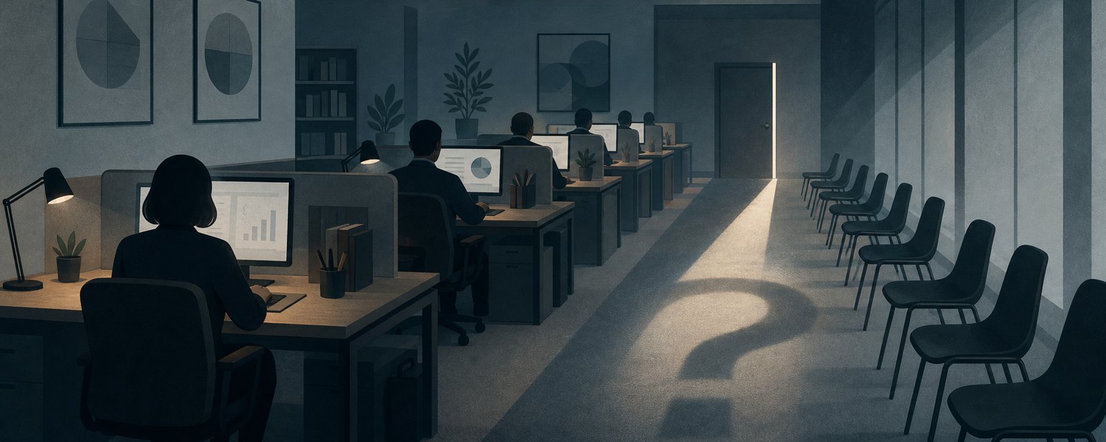 席に着く人は残る一方、入口の扉がほぼ閉じ新人の流れが細る静かなオフィス。解雇より採用縮小が先に進む様子。