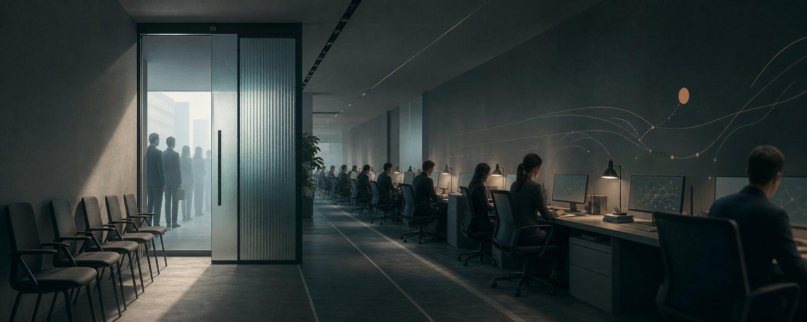 Occupied desks stay as they are while the entrance door narrows and faceless people wait outside: hiring tightens before layoffs.