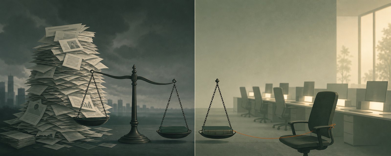 空の席が並ぶ朝の事務所で、記事の束と帳簿を天秤にかけ、見出しと公的統計の差を示す。