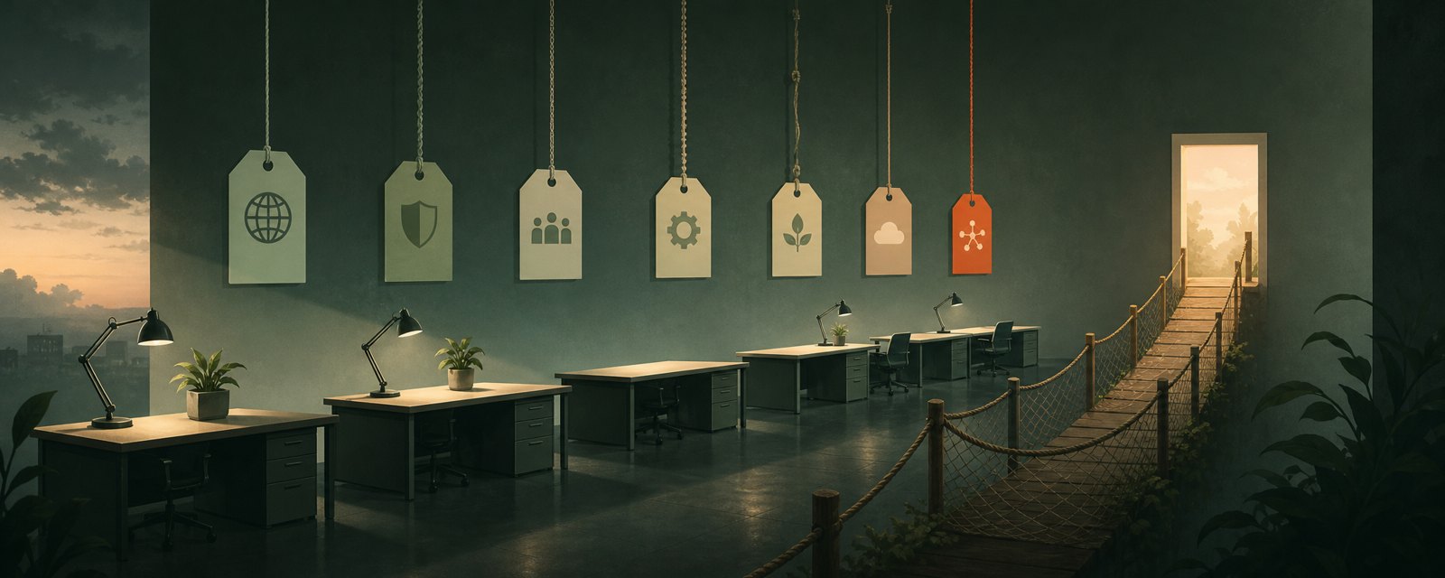 A dim office with some desks emptied, each tied to a differently threaded tag, and a warm doorway at the end reached by a net walkway.