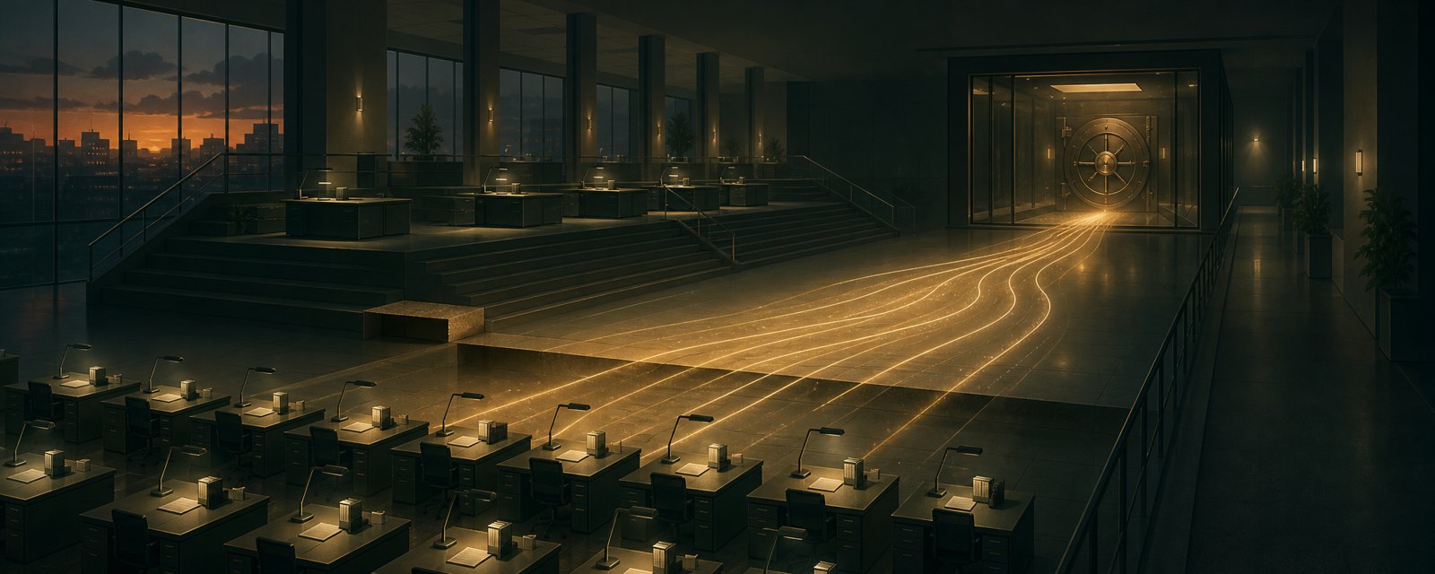 A hushed office of tiered desks: the lowest, entry-level rows go dark while golden light flows to the upper tiers and a heavy vault.
