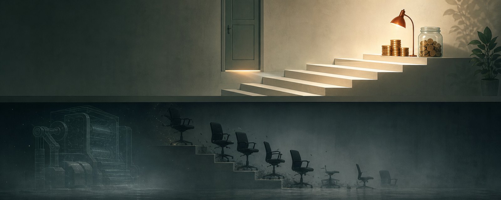 下の段の椅子が消え上の段と灯りだけが残る階段。好業績の裏で入口の職が減る構図を表す。