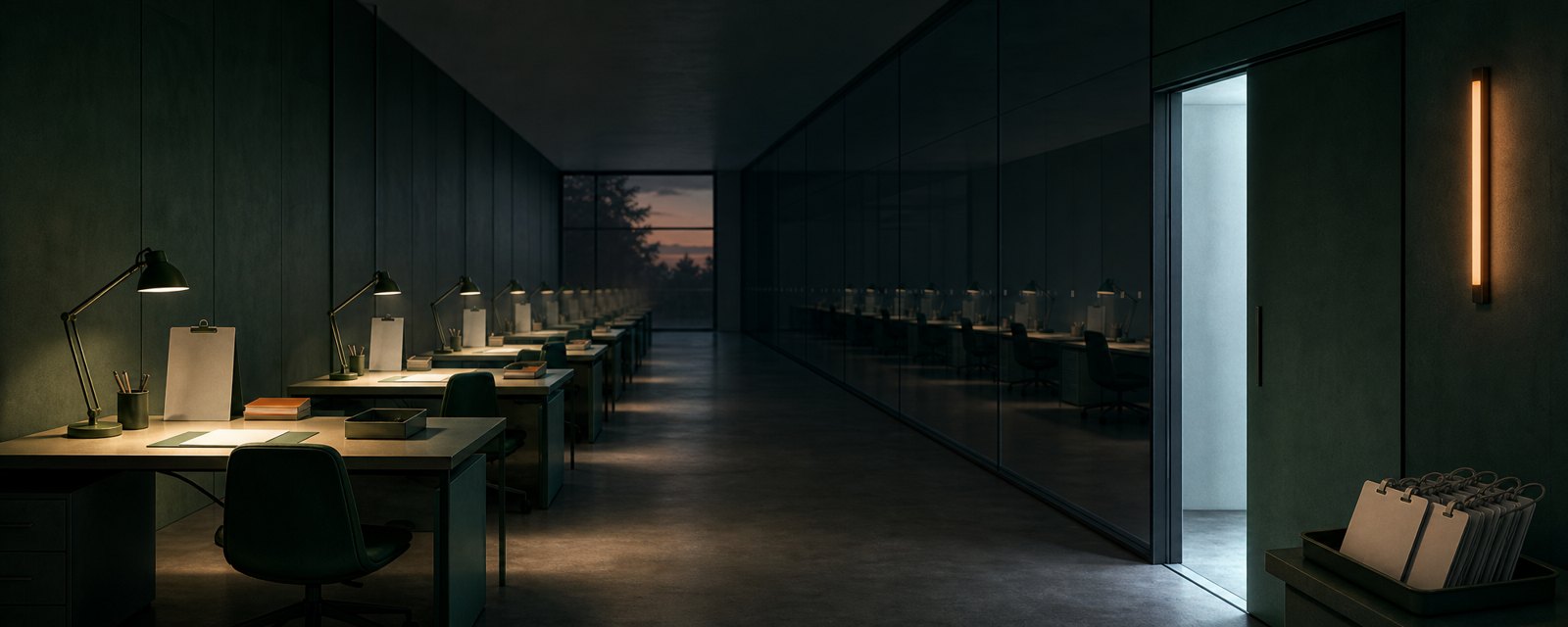 A dim office at dusk: rows of empty desks, a half-closed entry door with blank badges, and one desk mirrored repeatedly in glass, evoking narrowing entry-level hiring.
