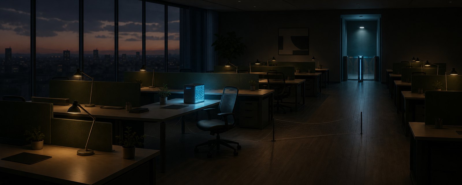 A dim office at dusk: cleared empty desks, a closed entrance, and a glowing blue machine, suggesting layoffs and hiring cuts as AI arrives.