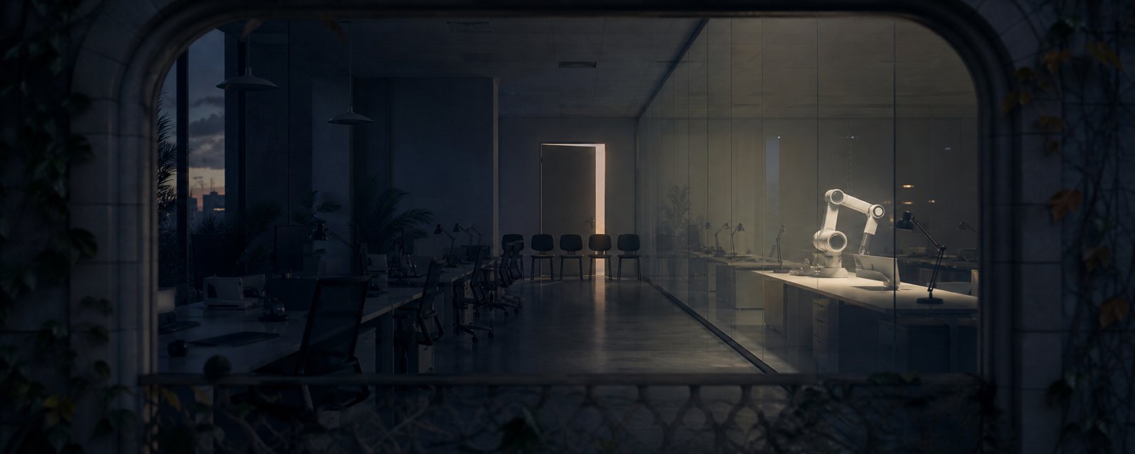 A dim office with rows of vacated desks, one lit workstation, and empty chairs before a closed entrance, evoking layoffs and frozen entry-level hiring ahead of AI.