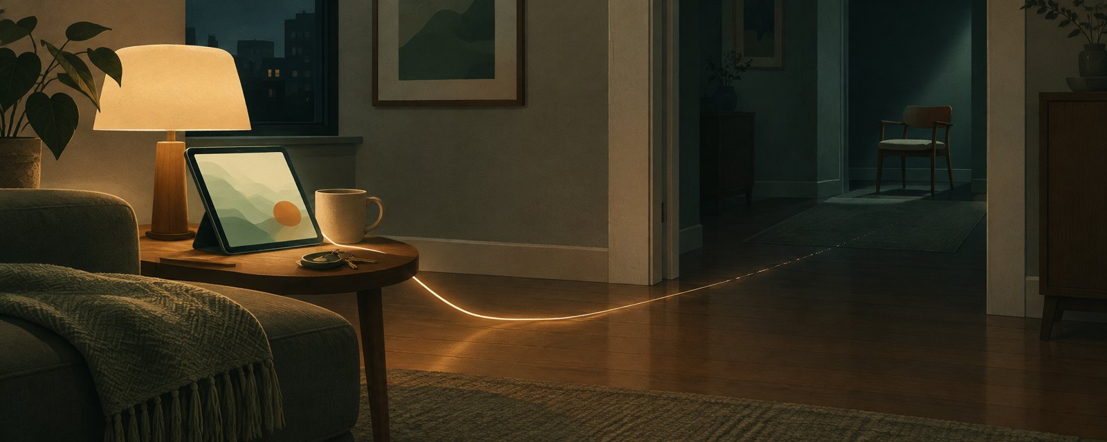 At night, a thread of light from a tablet fades before reaching an empty chair in the hallway, suggesting a crisis alert that never reaches a human.