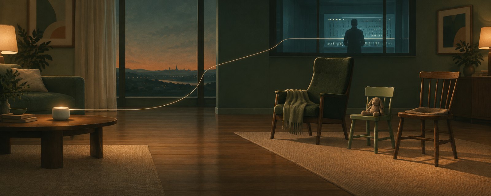 Dusk living room: a distant figure at a control panel, a glowing device, and three empty chairs apart from it, showing the gap between deciders and those affected.