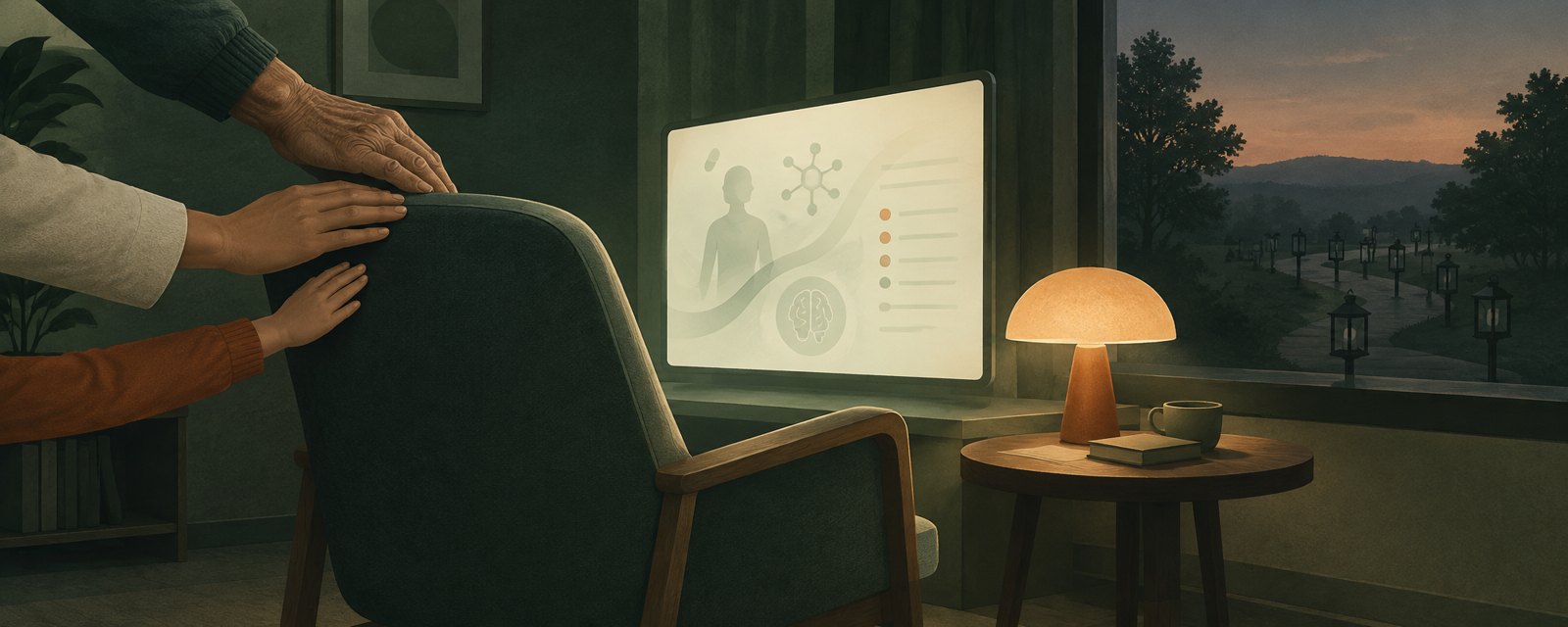 Dusk room: hands of different ages steady a chair facing a glowing panel, suggesting many people share the decision to ask AI.