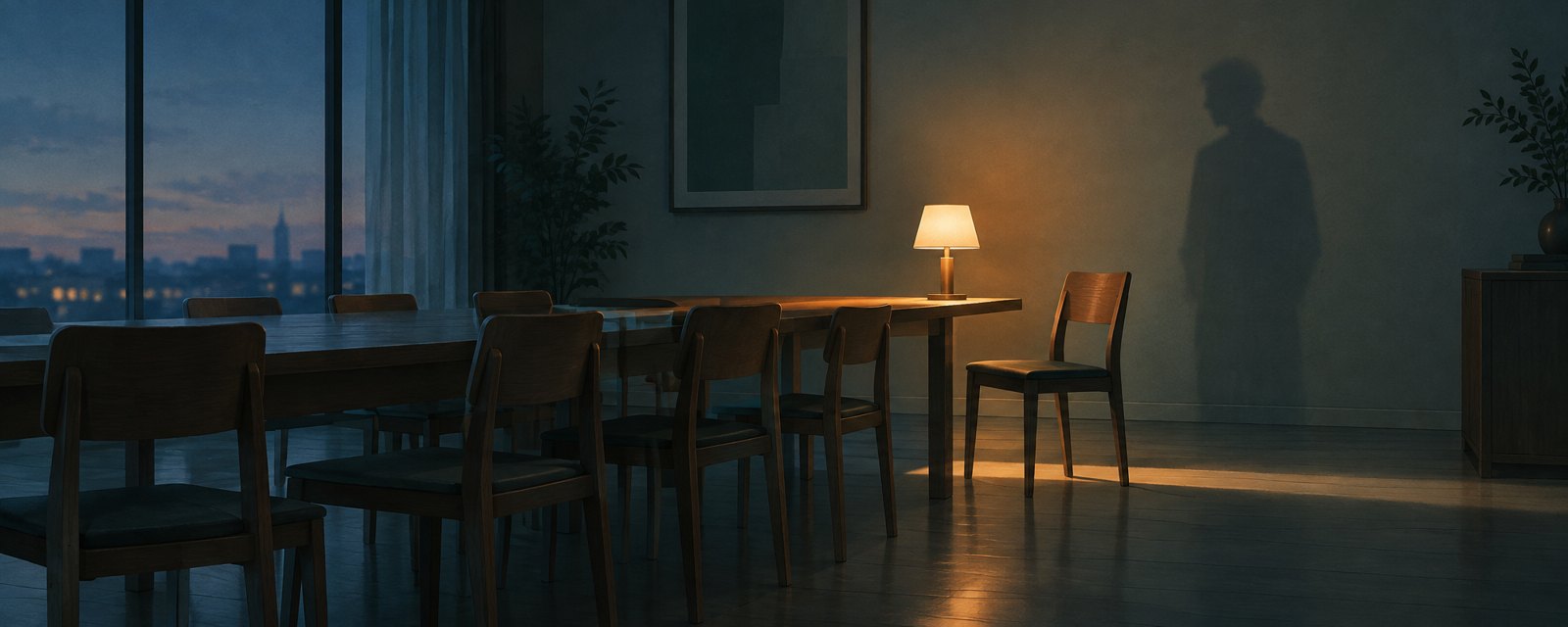 A dusk room with empty chairs at a long table and a single warm lamp at one end, suggesting AI as the first listener for those with no one to talk to.
