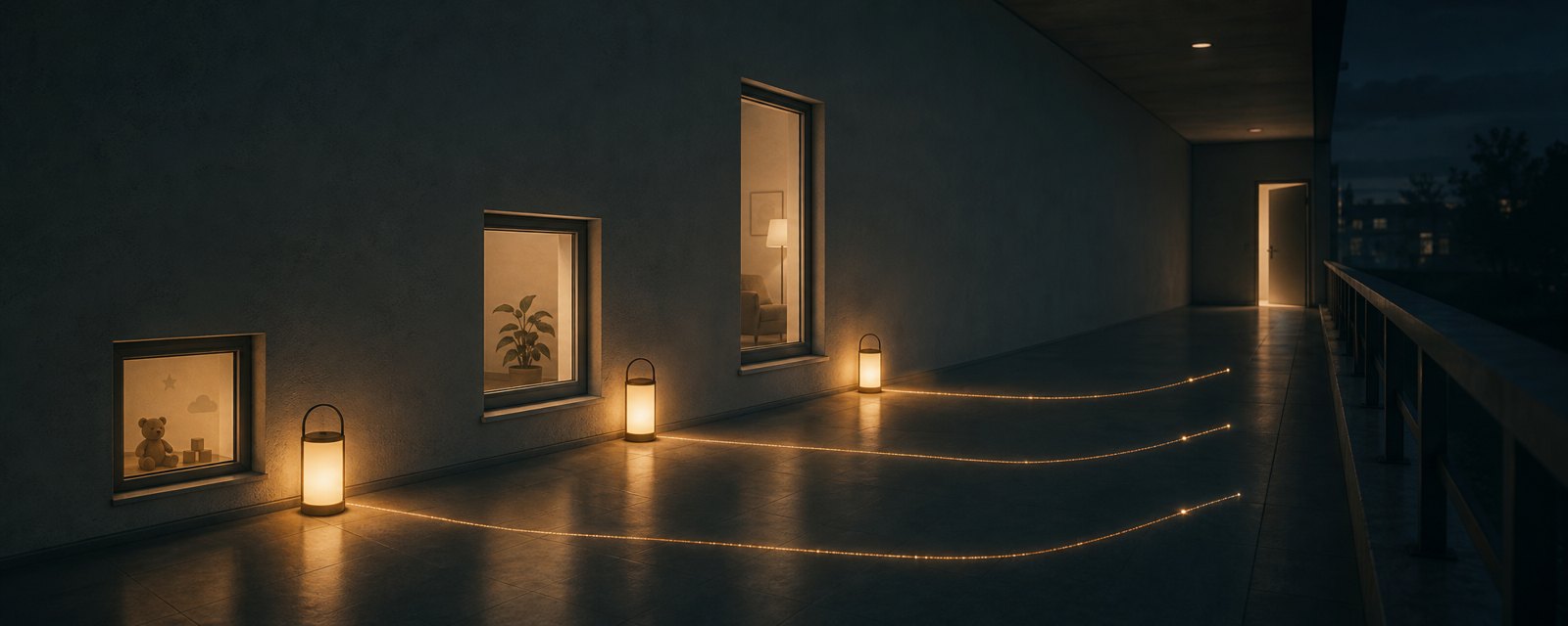 A night corridor of lit windows at varied heights, with a faint light thread toward a distant ajar door: AI help desks spread, but real human connection is unproven.
