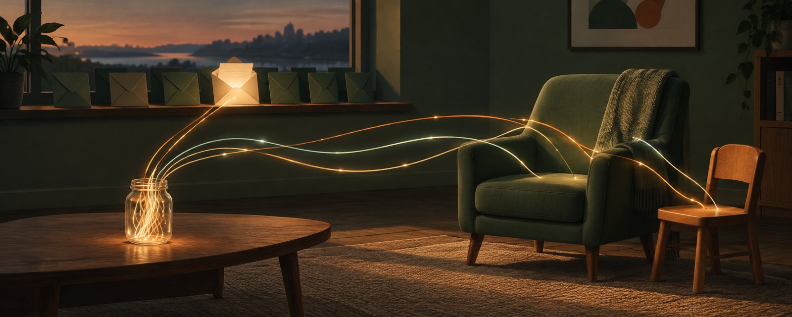 Dusk room: threads of light from a jar reach an empty armchair and a child's chair, while only one of several envelopes is open and lit.