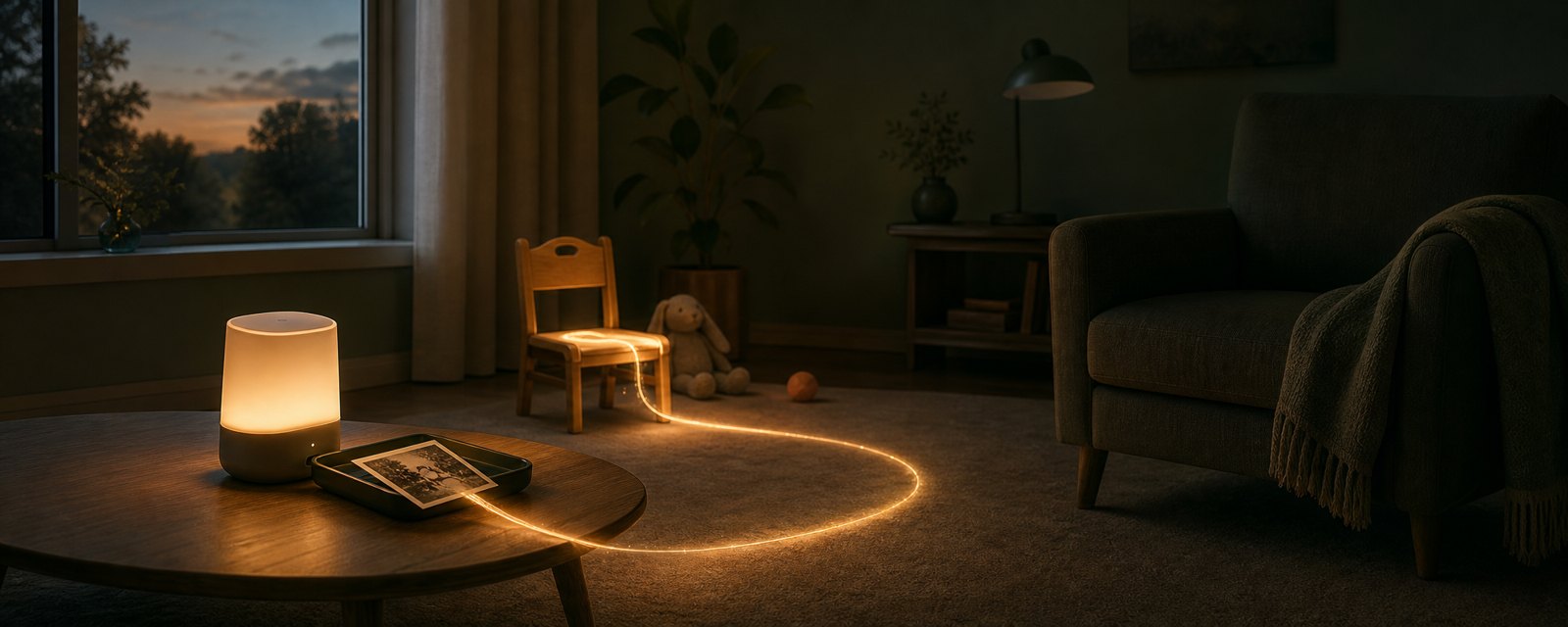 A small glowing device casts light toward a child's empty chair while a nearby adult's armchair stays dim, suggesting children confide in AI and adults must pay attention.