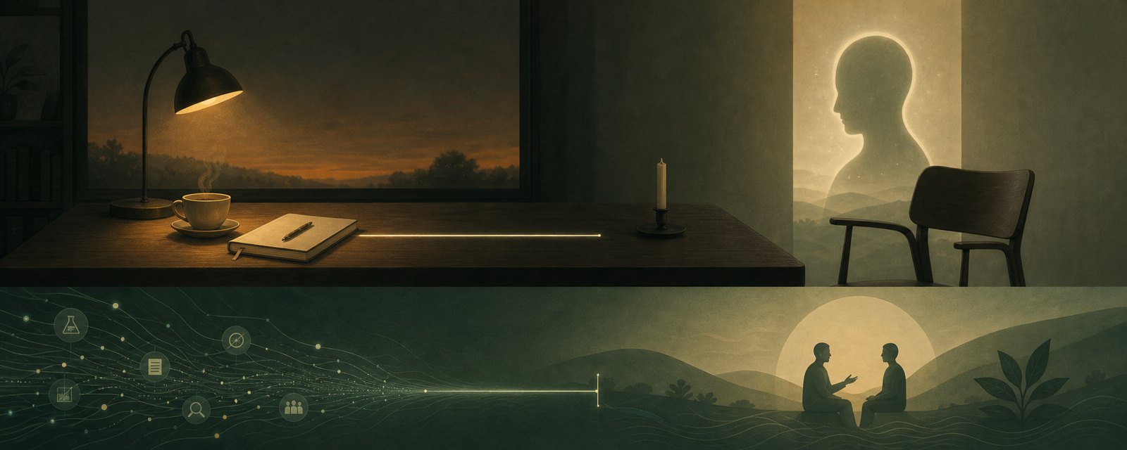 A dim room: a notebook and tea in lamplight beside an empty chair facing a pale glowing figure-shaped frame, marking the line between tools and replacing a relationship.