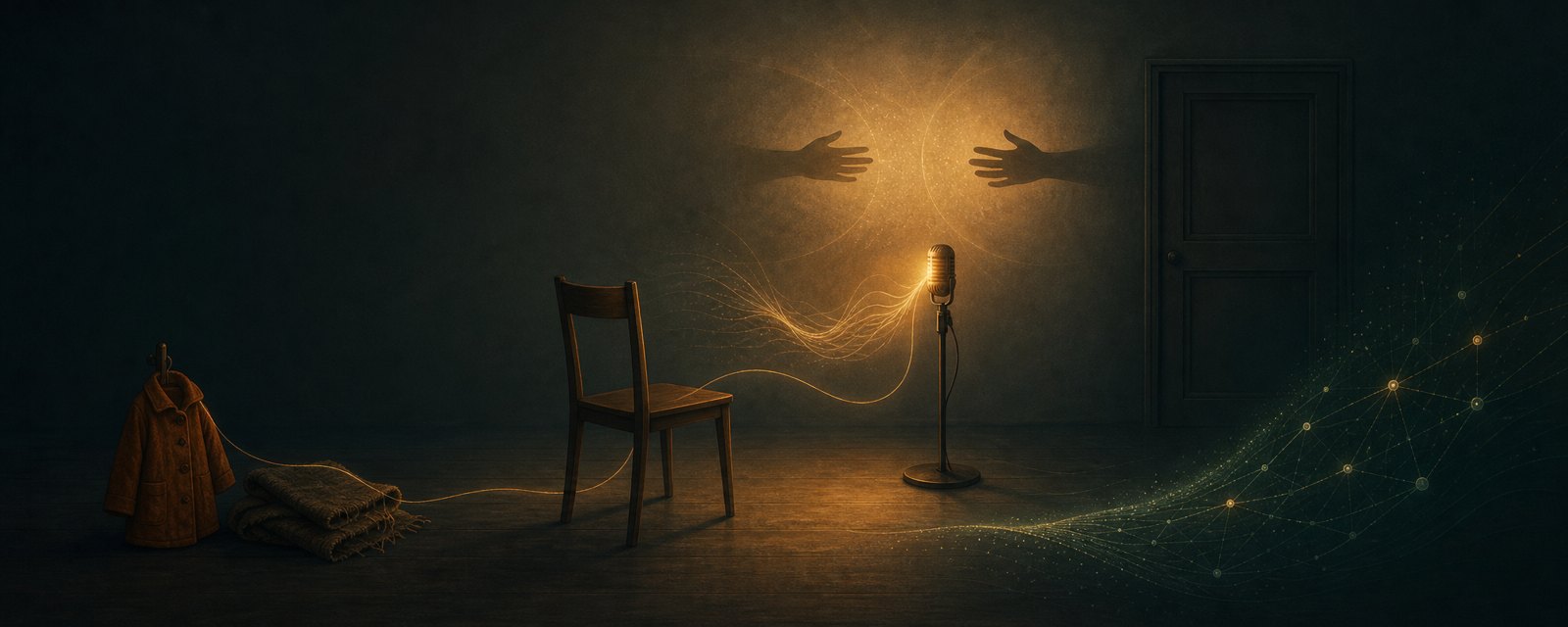 An empty chair faces a softly glowing microphone beside a child's coat, evoking AI entering moments where people cannot say no.