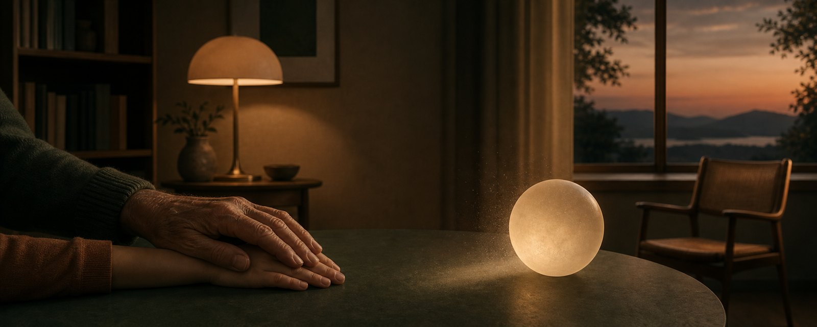 Under a warm lamp, an old hand and a child's hand rest near a glowing faceless sphere, with an empty chair nearby: choosing the distance between AI and human warmth.