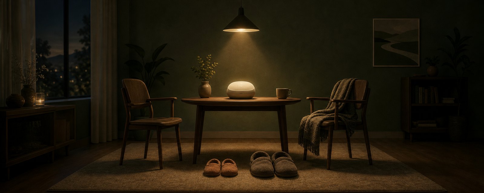 A lamplit room: a chair facing a softly glowing round device, beside a chair with a folded blanket, showing the gap between AI company and human warmth.
