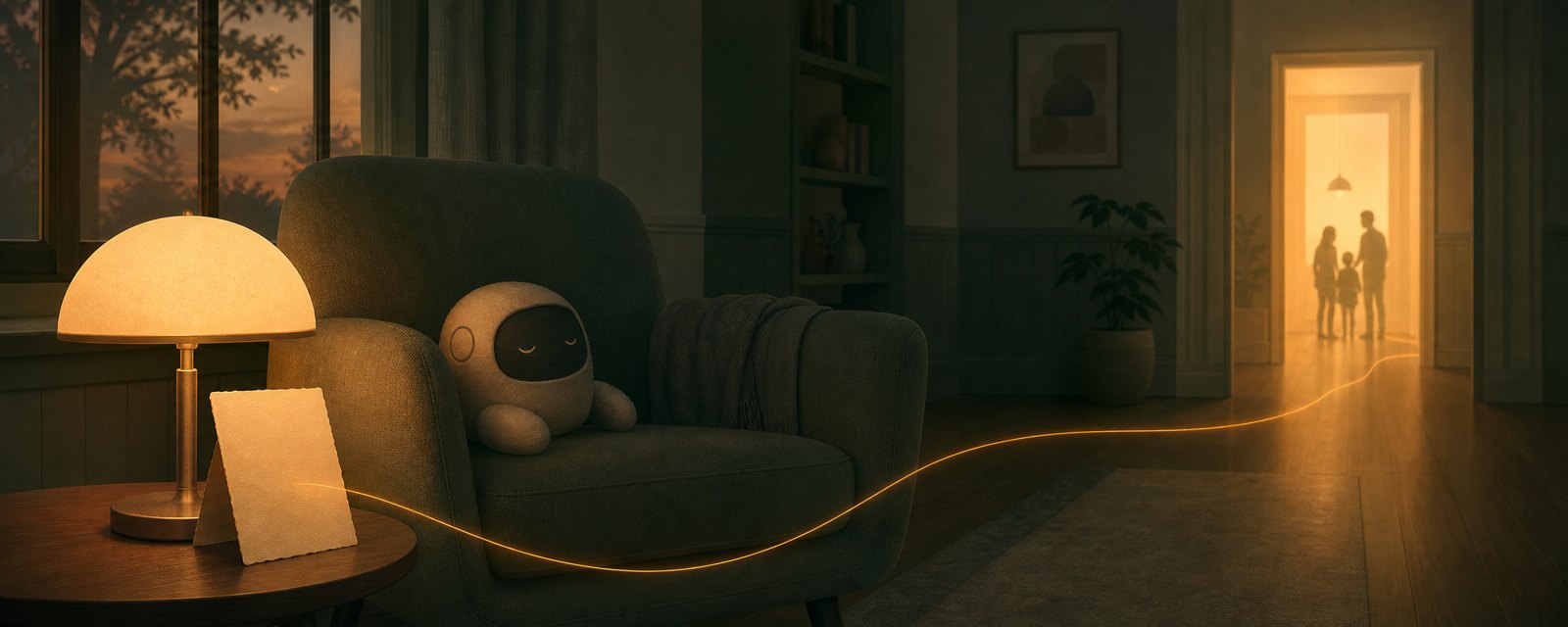 A quiet dusk room: a soft companion robot on an armchair and a thin glowing thread from a lamp to a lit doorway, suggesting AI as a bridge in relationships.